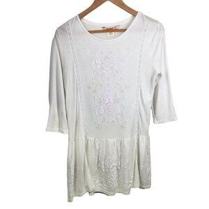 Desigual White Tshirt Raised Floral White‎ and Gold Women's Size L Half Sleeves